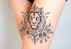 powerful majestic lion with a crown, surrounded by floral ornaments and birds tattoo idea