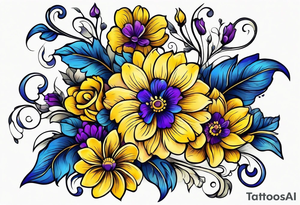 Blue yellow and purple flowers arm sleeve tattoo idea