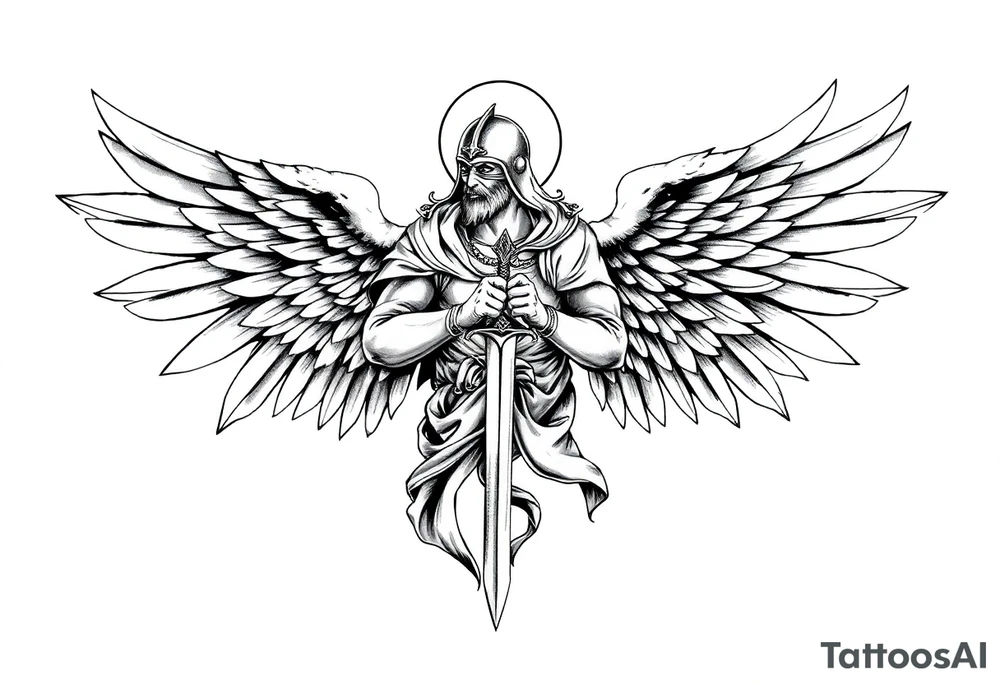Holy Archangel, Biblical, Christianity, Hebrew, Guards of Christianity, Holding a sword, has six wings, wearing helmet, halo, seraphim, seek justice, walk only with God tattoo idea