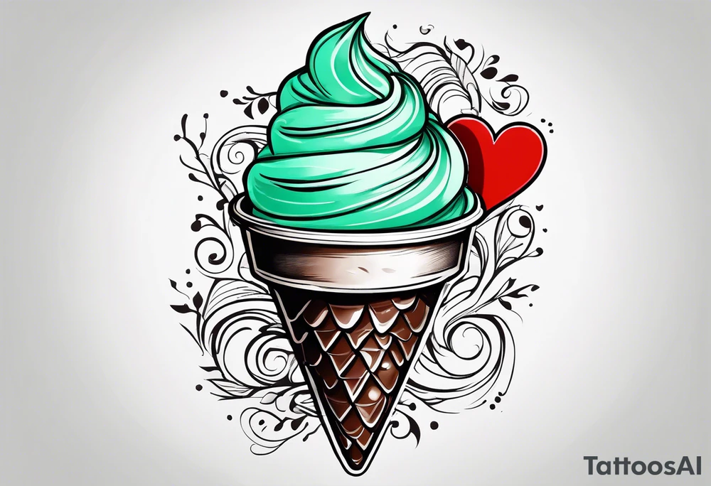 simple mint chocolate chip ice cream cone with small red heart on it somewhere. tattoo idea