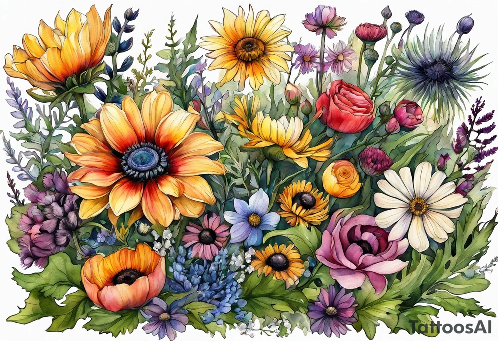 wildflowers with thistles, ferns, ranuculus, white anemones with black center, sun flowers, mixed color flowers all in watercolor tattoo idea