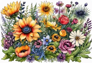 wildflowers with thistles, ferns, ranuculus, white anemones with black center, sun flowers, mixed color flowers all in watercolor tattoo idea
