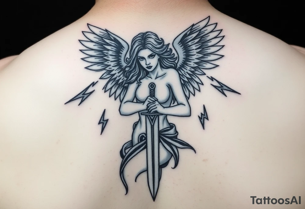 Fierce Female Angel warrior with dagger and lighting bolts going around body Greek mythology style with dark shading tattoo idea
