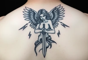 Fierce Female Angel warrior with dagger and lighting bolts going around body Greek mythology style with dark shading tattoo idea