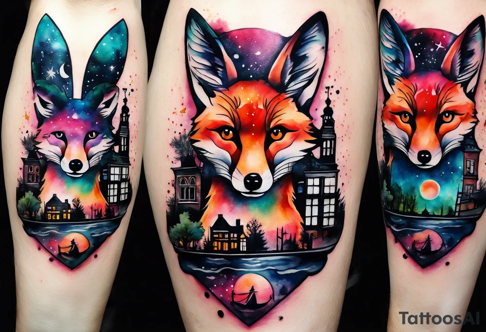 Arm tattoo, Animals, birds, stag, fox, watercolour of animals made from glass in Amsterdam featuring Amsterdam buildings and Amsterdam canal in galaxy colours featuring pineapples as space colours, galaxy colours, night sky, pineapples tattoo idea
