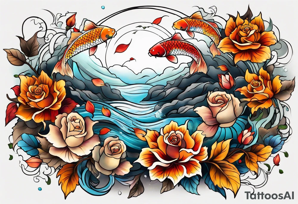 thigh tattoo with fall colors showing, leaves, koi fish, small flowers, roses, water flow, and sky tattoo idea
