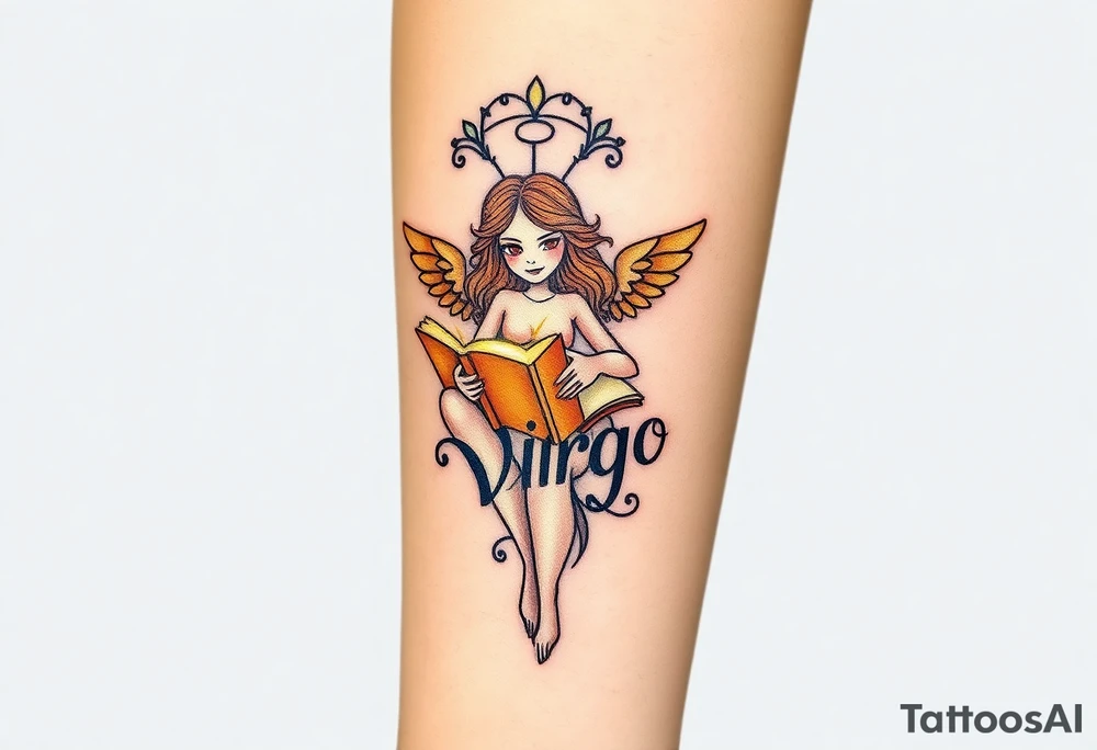 A graceful Virgo deity holding an ancient book, its pages glowing with golden light with unique font type word virgo tattoo idea