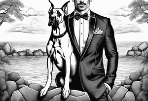 Arm sleeve for man with Great Dane (Full Tuxedo Color and floppy ears) standing proudly chest up on a rock in front of a body of water tattoo idea