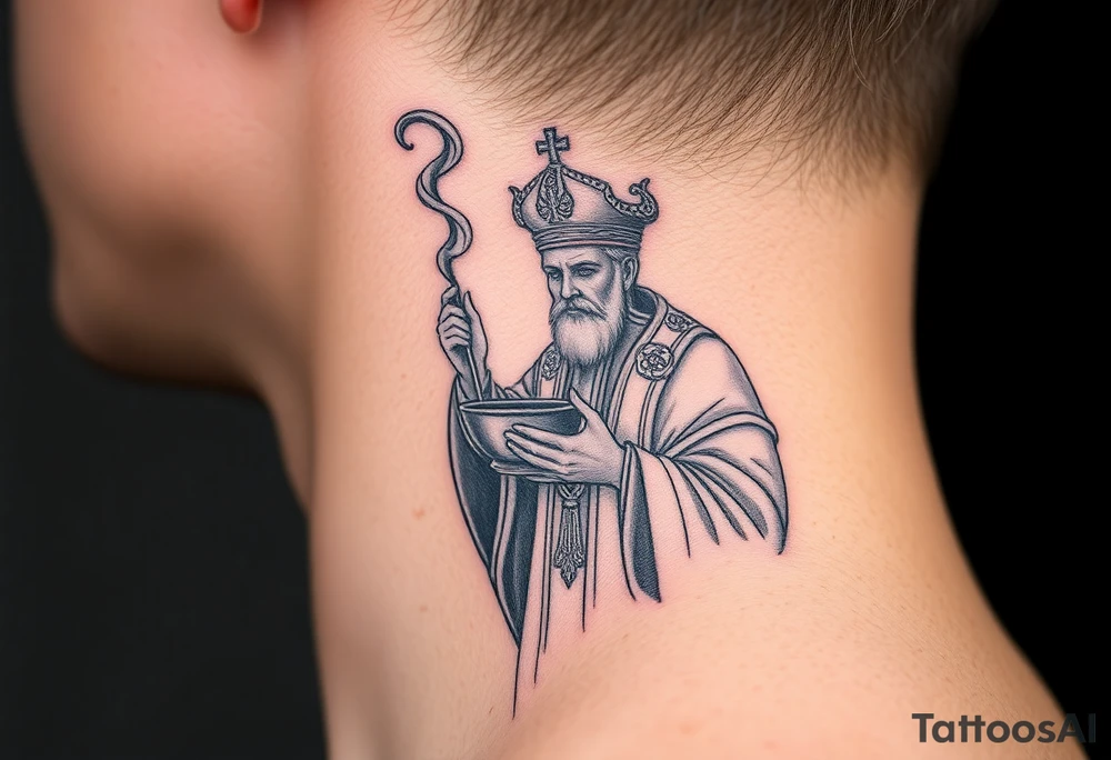 Russian Orthodox Priest in a fully detailed gold vestment swinging a censer with smoke curling upward tattoo idea