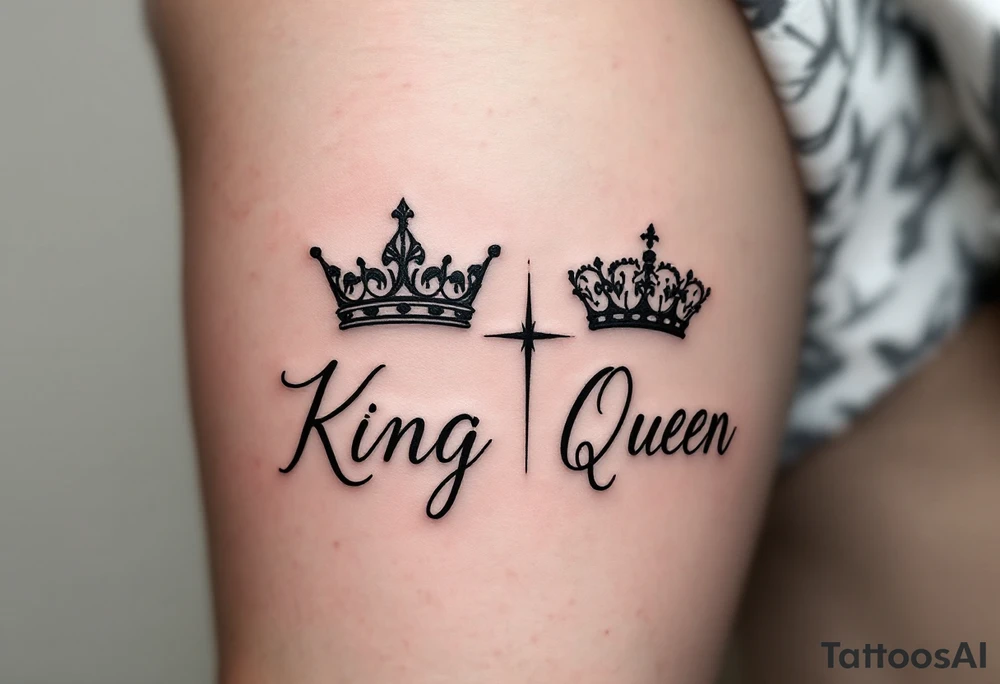 A minimalist black crown pair with the word "King" in bold script and "Queen" in elegant cursive, symbolizing unity in style. tattoo idea