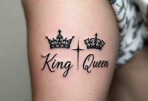 A minimalist black crown pair with the word "King" in bold script and "Queen" in elegant cursive, symbolizing unity in style. tattoo idea