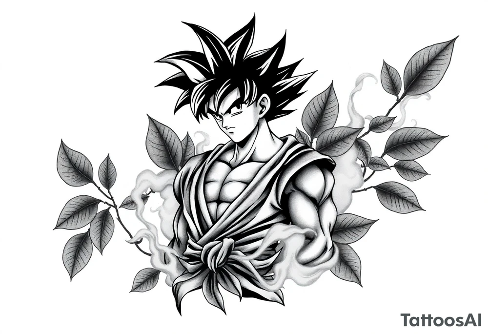 Tattoo design of Son Goku with smoke flowing through his body, surrounded by leaves in negative space effect, featuring soft shading around the edges and dotwork shading inside, with multiple contrast levels throughout. Highly detailed, intricate design with dynamic composition, emphasizing the interaction between the smoke and character, with the negative space leaves creating depth and balance. Professional tattoo art style with clean lines and sophisticated shading techniques. tattoo idea
