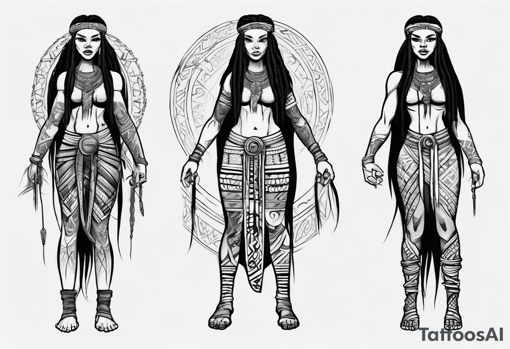 African female Viking  full body 
slim long face small mouth long braided hair tattoo idea