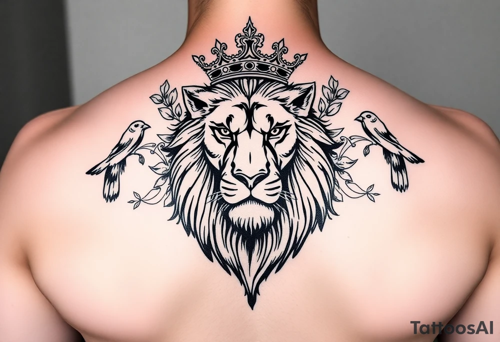 powerful majestic lion with a crown, surrounded by floral ornaments and birds tattoo idea