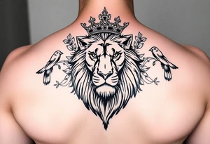 powerful majestic lion with a crown, surrounded by floral ornaments and birds tattoo idea