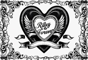 heart with ribbon that says "Riley and Mel forever" tattoo idea