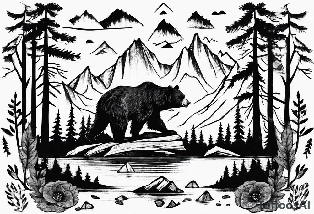 bear, forest, lake, appalachia, arm sleeve tattoo tattoo idea