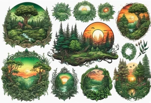 sunset in a lush green forrest, detailed, ornament, stunning, high quality, intricate, ultra realistic tattoo idea