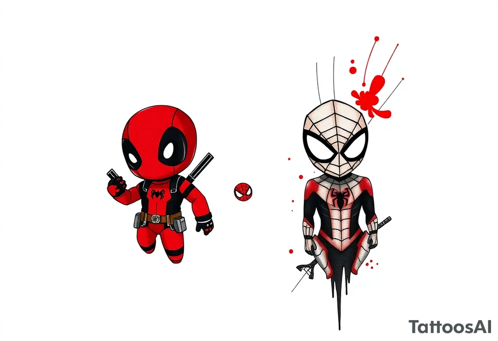 Project: Upper Arm Half-Sleeve Tattoo (Chibi Marvel Duo)
Placement: Upper Arm (Shoulder cap down to just above the elbow)
Reference Images: Chibi Deadpool (Image 1) and Chibi Spider-Man (Image 2)
Design Request & Layout:
* Please stack the characters dynamically to fit my upper arm. I'd like Deadpool positioned near the top/shoulder cap, and Spider-Man sitting near the bottom/above the elbow.
* Use the dangling spider and its web thread, along with loose, energetic construction lines, to transition between the two characters and wrap the design around the arm.
Art & Color Style:
* Linework: Please harmonize both characters into a singular, unified style—blending Deadpool's clean comic ink lines with Spider-Man's raw, cross-hatched sketchbook aesthetic.
* Color: The base of the tattoo should be gritty black-and-grey sketch shading. However, I want vibrant pops of red on their suits.
* The Splatter Effect: Instead of keeping the red cleanly inside the lines, please style the red color as a loose, dynamic watercolor/ink splatter effect that bursts out past their outlines and fades into the negative skin space. tattoo idea
