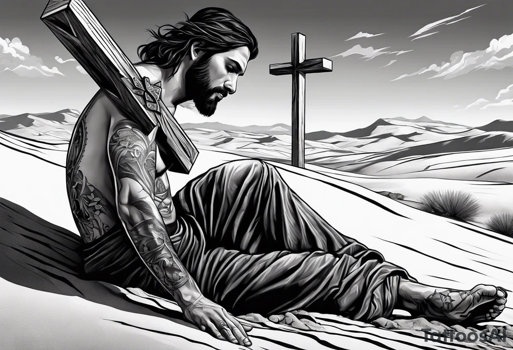 man crawling in a desert reaching to the cross of Christ tattoo idea