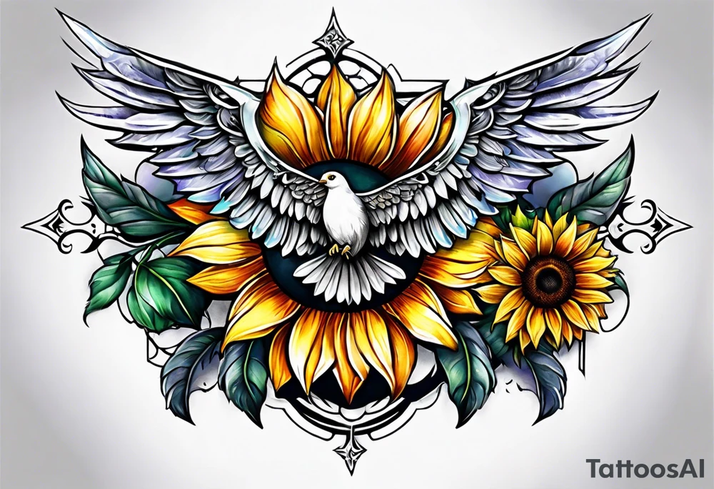 Winged cross with sunflower arm sleeve tattoo idea