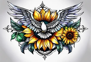 Winged cross with sunflower arm sleeve tattoo idea