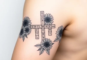Crossword puzzle with sunflowers with names Gloria, Ariel, Herbert, Camila, and Kenny tattoo idea