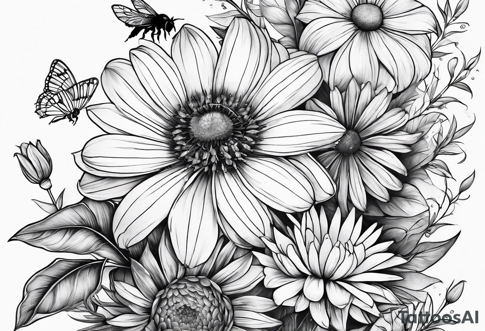 Half sleeve with wildflowers and complimentary flowers with bees tattoo idea
