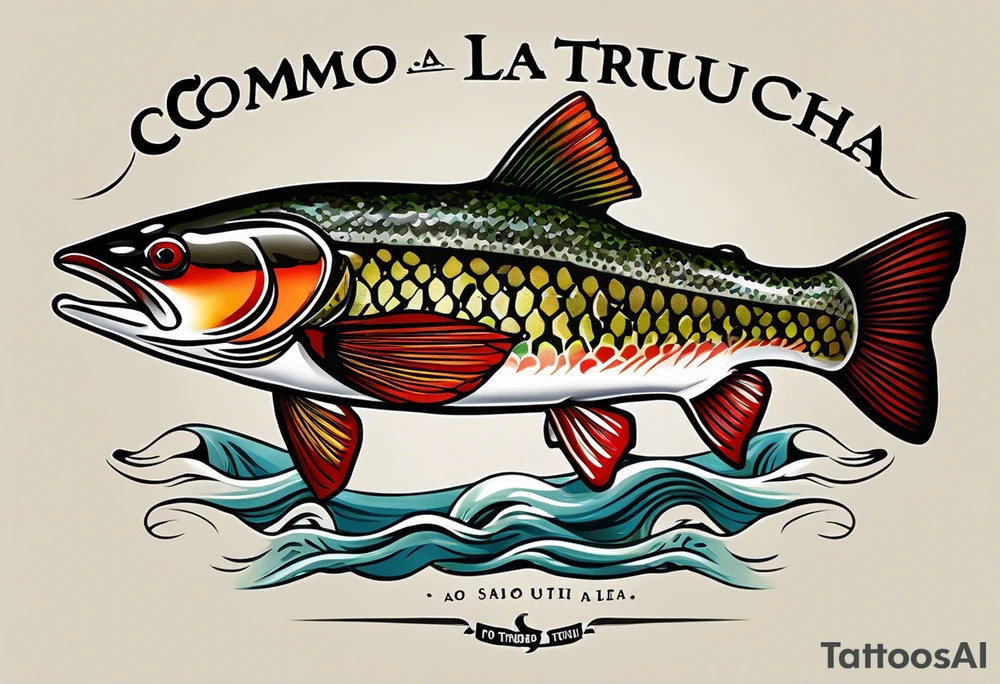 A small tattoo with a shaded trout and text that says, 'Como la trucha...' drawn with fine lines." tattoo idea