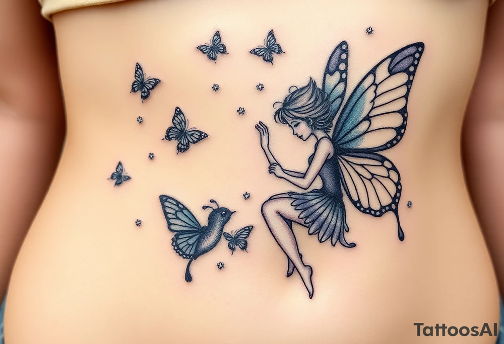 Small butterflies with sparkles falling as they surround a beautiful fairy with a young fairy staying close to to the other fairy with the butterflies looking to play tattoo idea