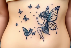 Small butterflies with sparkles falling as they surround a beautiful fairy with a young fairy staying close to to the other fairy with the butterflies looking to play tattoo idea