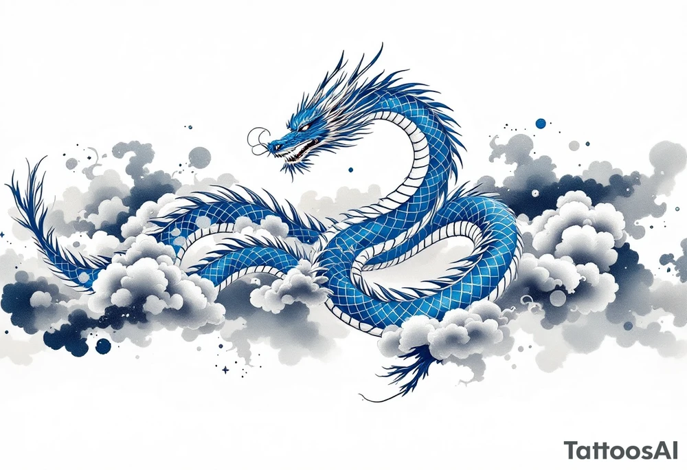 A blue dragon with silver scales winding through storm clouds, representing wisdom and power. tattoo idea