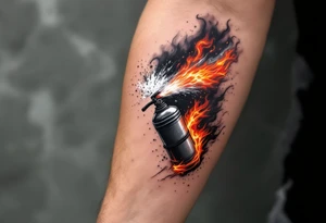 A fire extinguisher spraying a burst of flames, white mist and blazing reds and oranges. tattoo idea