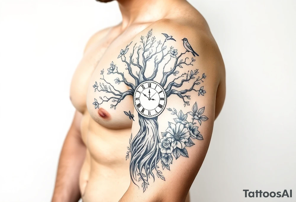 tree of life with clock, surrounded by floral ornaments and birds tattoo idea
