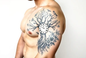tree of life with clock, surrounded by floral ornaments and birds tattoo idea