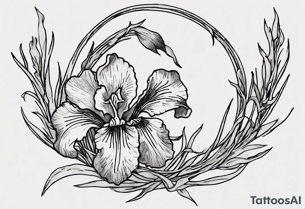 Create a small Vincent van Gogh Irises tattoo. The tattoo should take the form of a crescent, with vines gracefully intertwining at a central point in the middle of the wreath. Ensure that the design avoids the appearance of a bush and maintains a more structured and deliberate arrangement. The intended placement is on the upper chest. The overall design should be small in size while maintaining a delicate and artistic aesthetic. Pay attention to the graceful flow of the vines and the placement of the irises to achieve a refined and elegant look. tattoo idea
