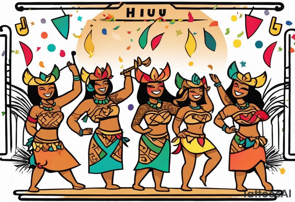 hulu tiki party with dancing tiki guys and sexy tiki girls on a beach with music notes and confetti around a blank space in the middle tattoo idea