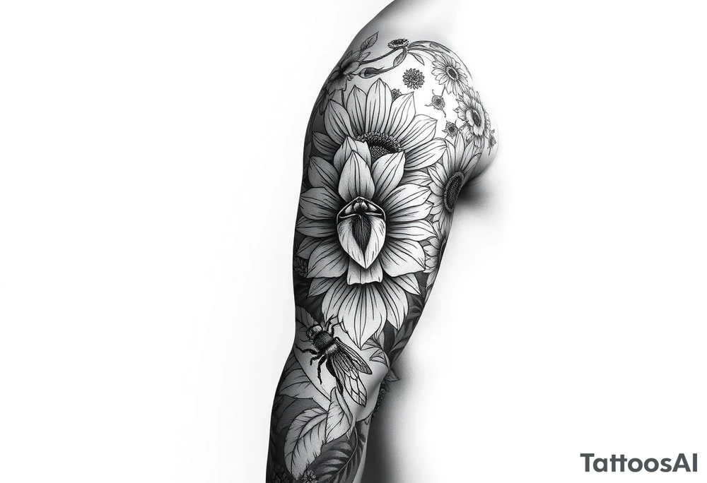 Create a design full sleeve arm tattoo with Tulip 
Sunflower 
Roses 
Bee 
Water 
Fire 
Earth 
Wind 
Phoenix 
Evil eye 
888 tattoo idea
