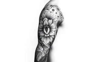 Create a design full sleeve arm tattoo with Tulip 
Sunflower 
Roses 
Bee 
Water 
Fire 
Earth 
Wind 
Phoenix 
Evil eye 
888 tattoo idea