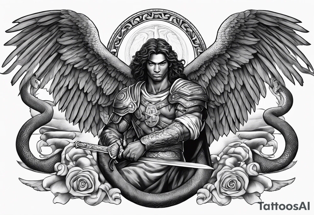 archangel Michael, sword, snake, bible verse, cross, clouds , african american tattoo idea