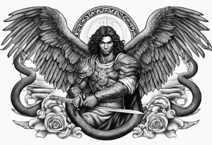 archangel Michael, sword, snake, bible verse, cross, clouds , african american tattoo idea