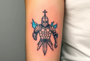 A cursed Templar knight, his armor cracked and oozing dark energy, with eerie blue flames flickering around him tattoo idea