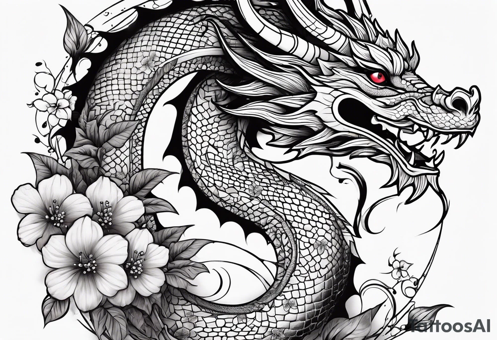 Dragon en Arabic avec un cerisier en fleur tattoo idea