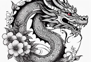 Dragon en Arabic avec un cerisier en fleur tattoo idea