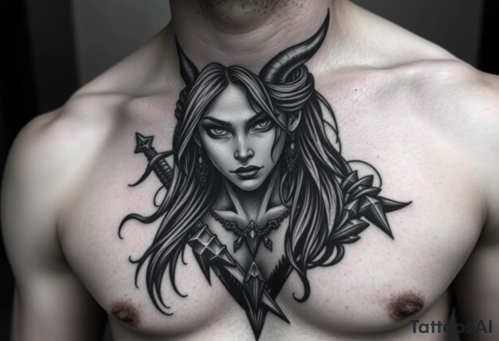 Feminine Tattoo dark female warrior with horns just barley touching collarbone with a lot of shading tattoo idea
