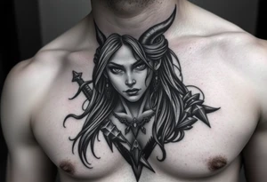 Feminine Tattoo dark female warrior with horns just barley touching collarbone with a lot of shading tattoo idea