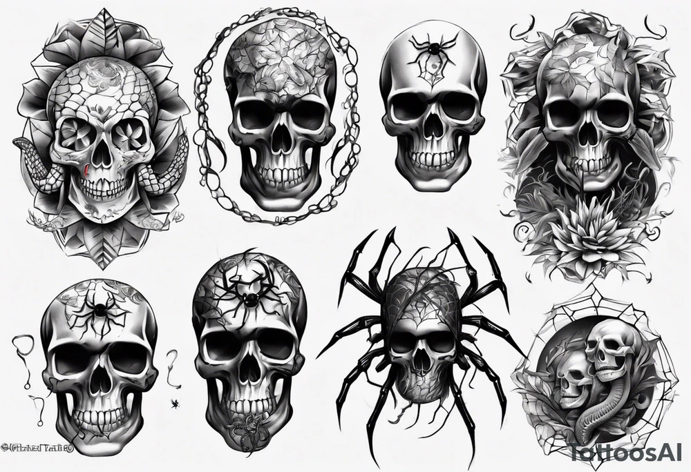 Black skull sleeve tattoo with spiders and snake tattoo idea