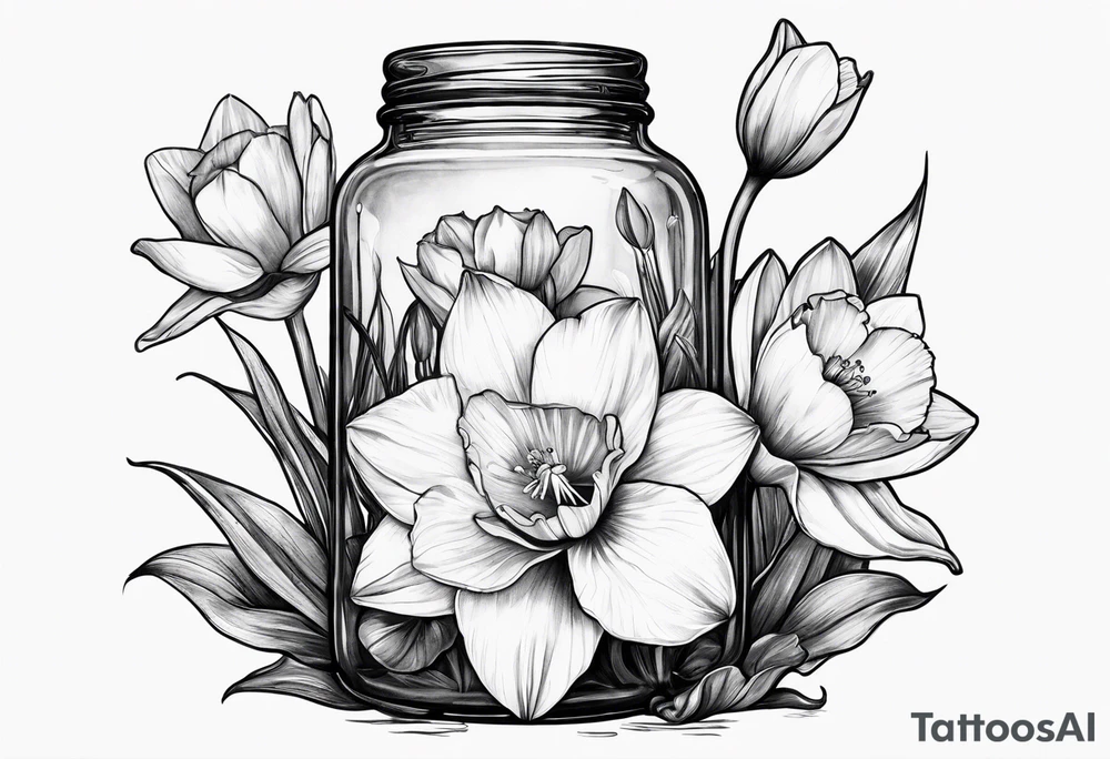 A daffodil a water lily and a morning glory in a jar tattoo idea