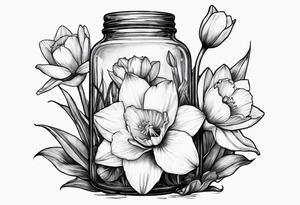 A daffodil a water lily and a morning glory in a jar tattoo idea