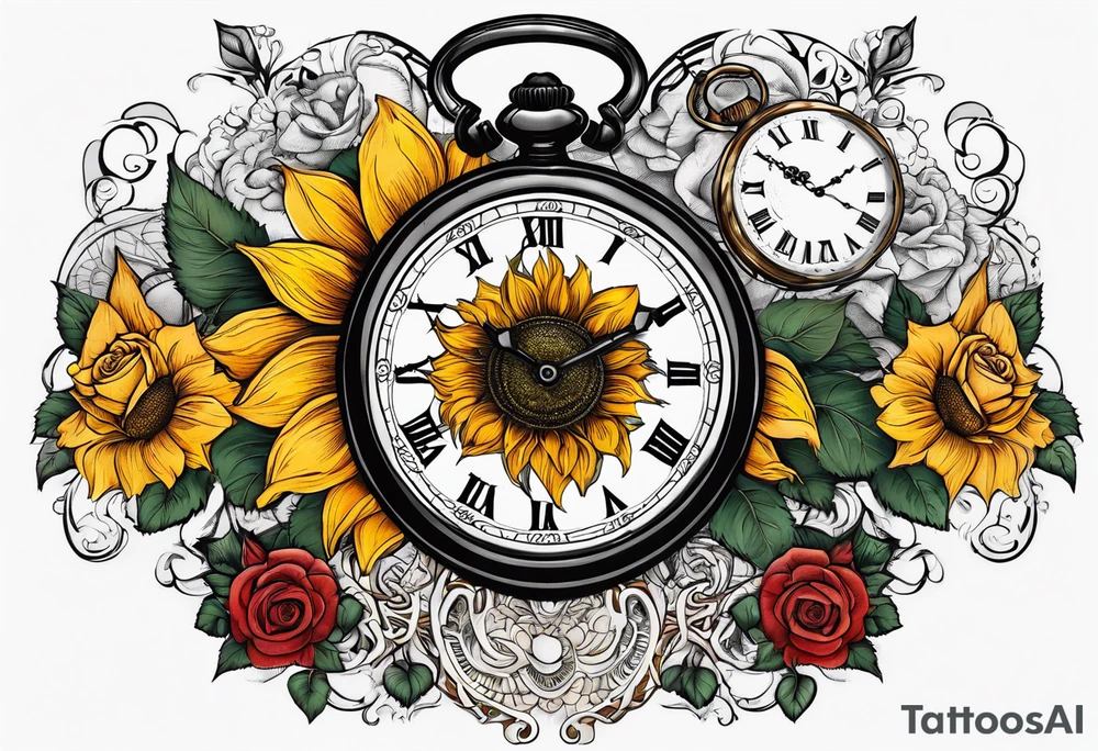 Sunflower, roses, witchy, 3 pocket watches, celestial, tattoo idea